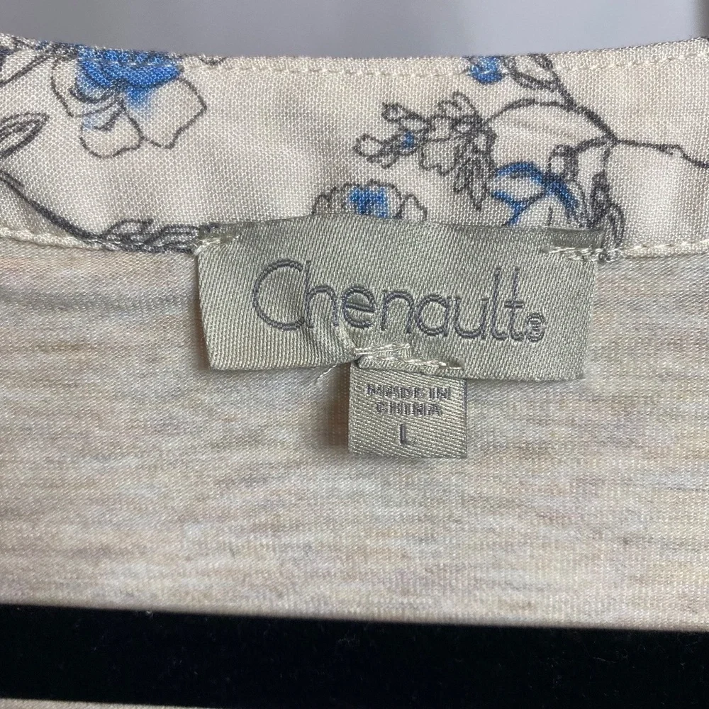 Chenault Womenʻs Cream | Blue Split Neck Button Down Short Sleeve Blouse Large